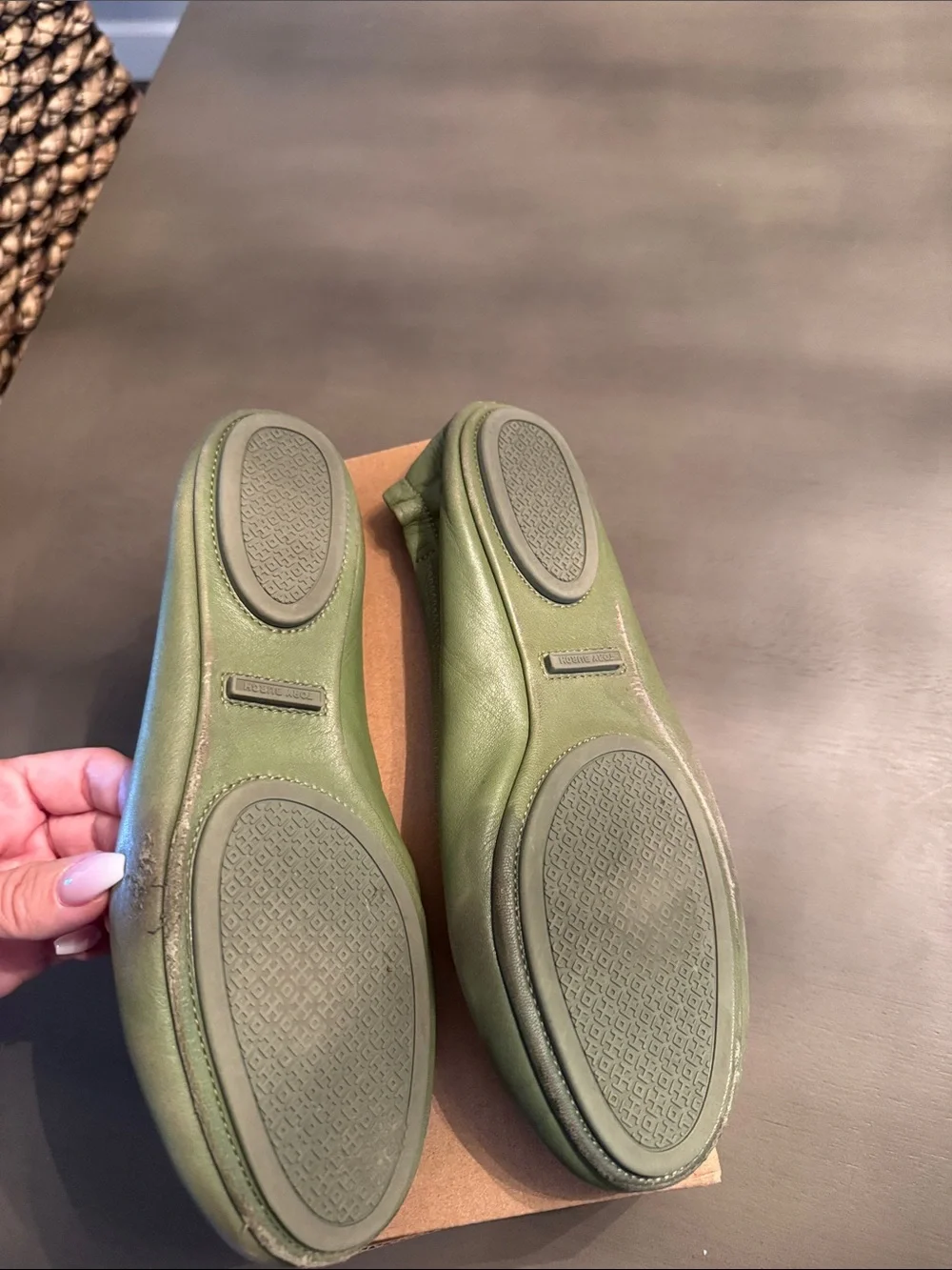 Tory Burch Olive Green Leather Logo Ballet Flat